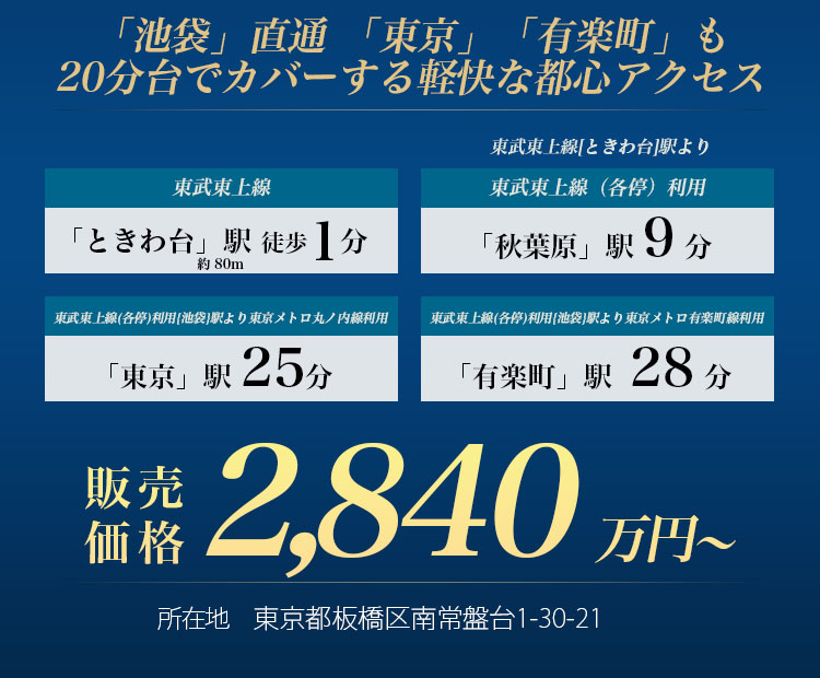 「池袋」直通、都心へスピーディーアクセス 販売価格2,840万円～ 所在地　東京都板橋区南常盤台1-30-21
