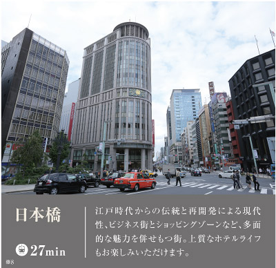 江戸時代からの伝統と再開発による現代性、ビジネス街とショッピングゾーンなど、多面的な魅力を併せもつ街。上質なホテルライフもお楽しみいただけます。