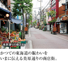 美原通りの商店街　かつての東海道の賑わいをいまに伝える美原通りの商店街。