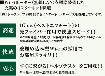 Wi-Fiルーター（無線LAN）を標準装備した充実のインターネット環境