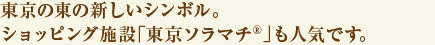 東京の東の新しいシンボル。ショッピング施設「東京ソラマチ®」も人気です。