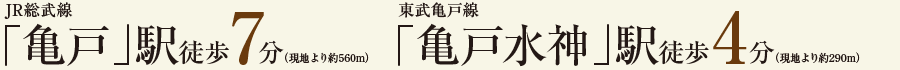 「亀戸」駅徒歩7分（現地より約560m） 「亀戸水神」駅徒歩4分（現地より約290m）